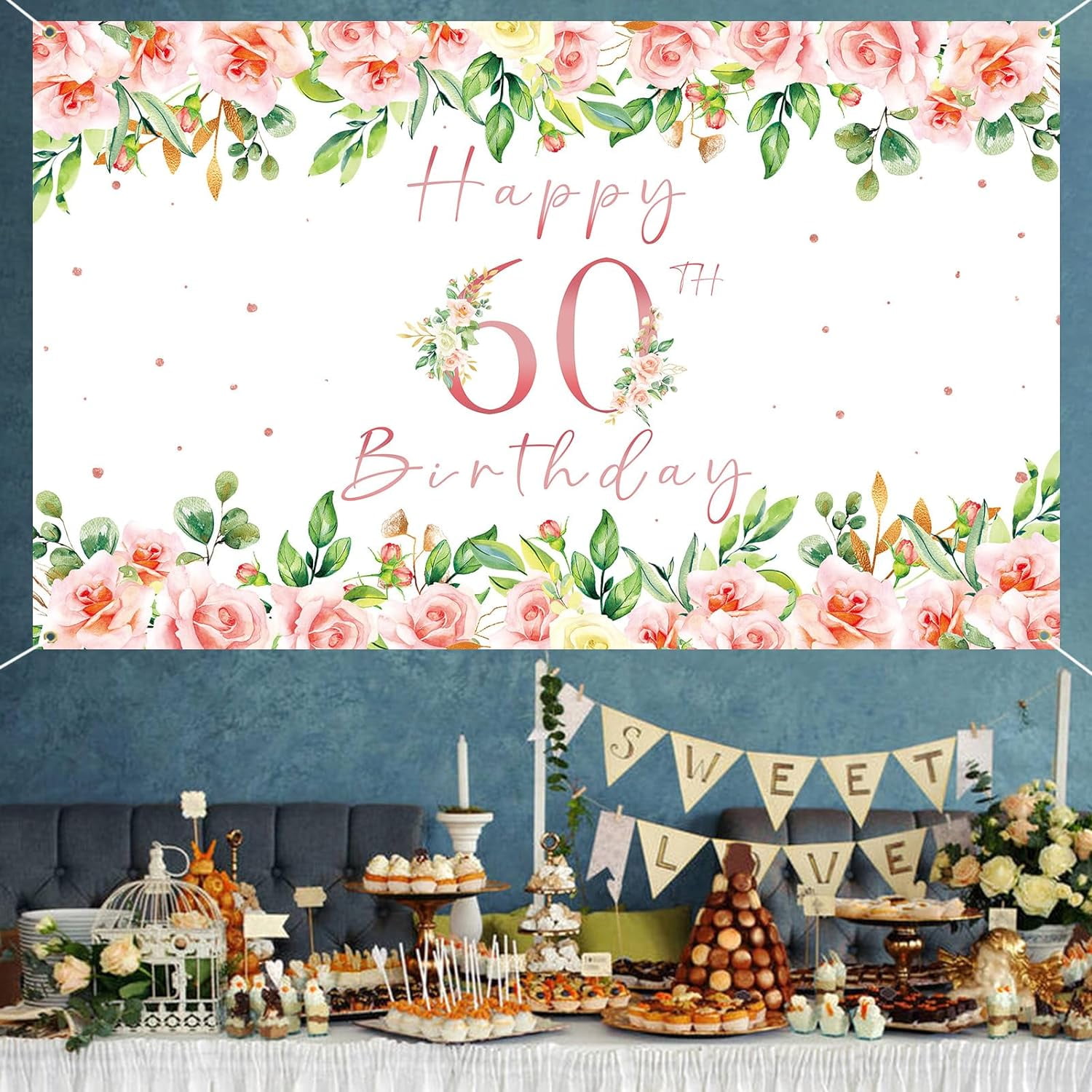 Floral 60th Birthday Decorations for Women, Rose Gold Happy 60th