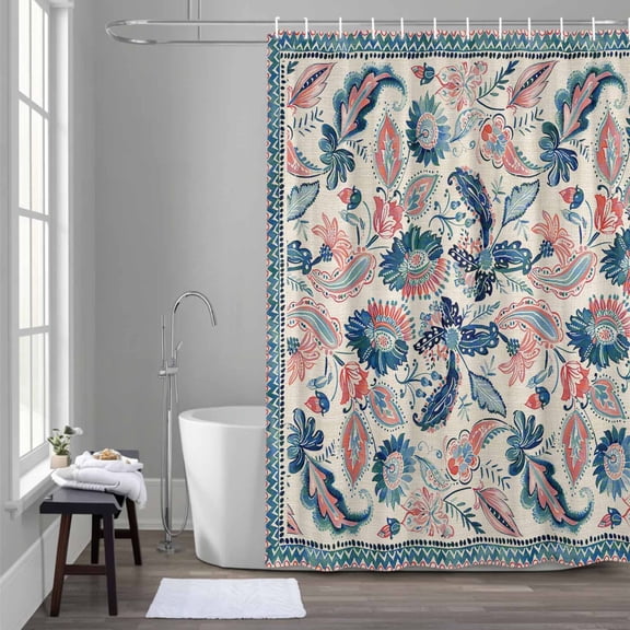 Floral 66x72 Inches Waterproof Shower Curtain, Ethnic Flower Paisley Feather Aqua Linen Texture Bath Curtain Set with 12 Hooks Washable Shower Curtains for Bathroom Bathtub Decor