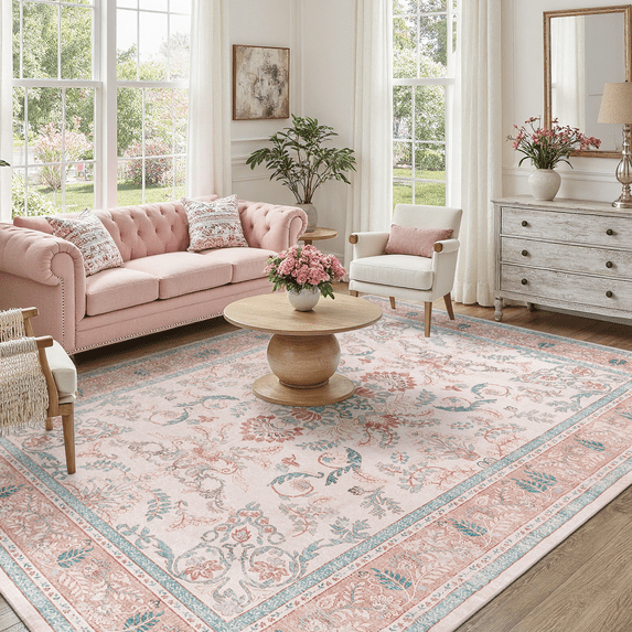 Floral 6x9 Area Rug, Machine Washable, Soft Vintage Floral Rug Non Slip Stain Resistant for Living Room, Bedroom, Dining Room -Pink