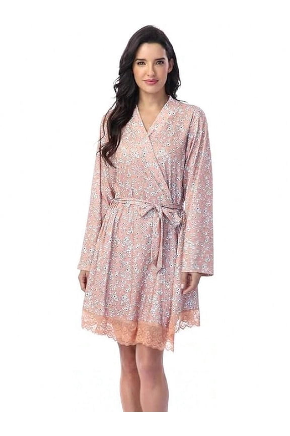 Floral #7 Maternity Wrap Robe With Lace Hem - Soft Knit Nursing Sleepwear For Women