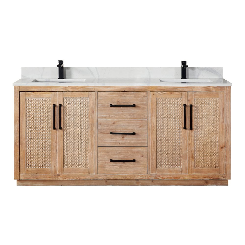 Light Brown Double Sink Freestanding Vanity with Rattan Doors and Quartz Top