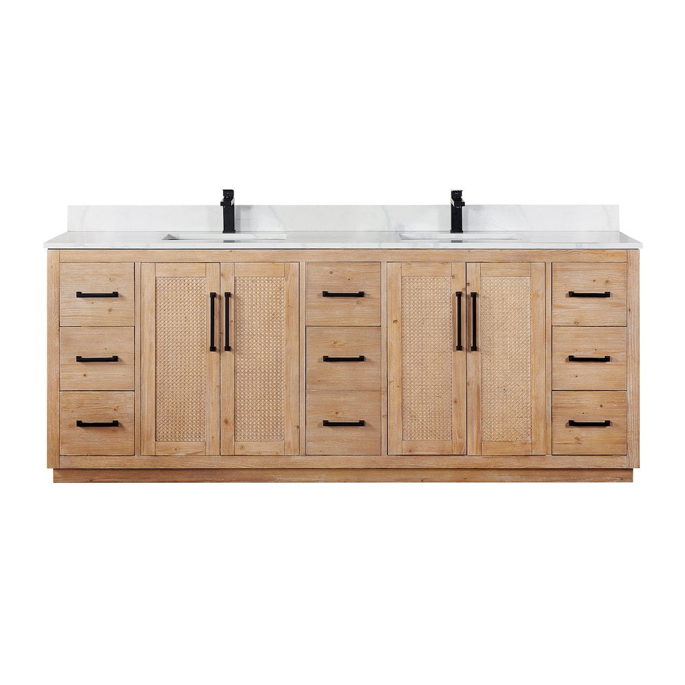 Floral Light Brown Double Sink Freestanding Vanity with White Quartz Top
