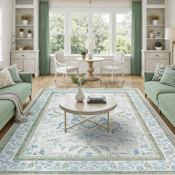 Floral 8x10 Area Rug, Machine Washable, Soft Vintage Floral Rug Non Slip Stain Resistant for Living Room, Bedroom, Dining Room -Green