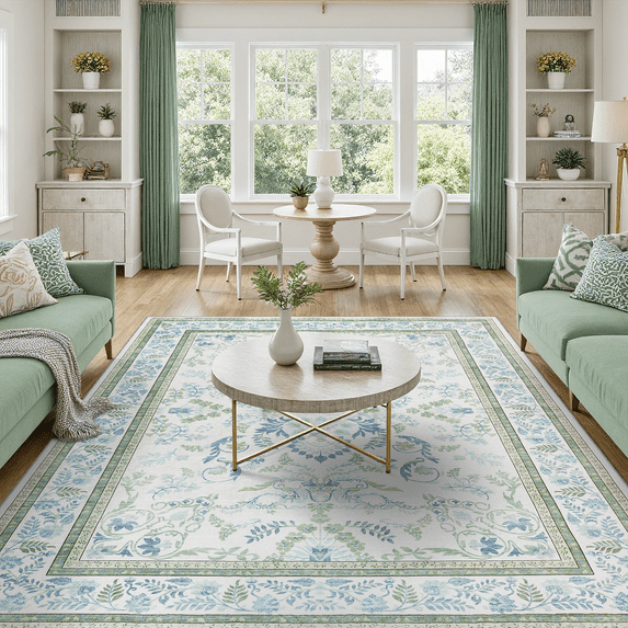 Floral 8x10 Area Rug, Machine Washable, Soft Vintage Floral Rug Non Slip Stain Resistant for Living Room, Bedroom, Dining Room -Green