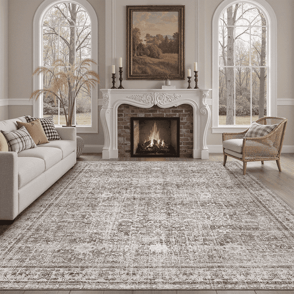 Floral 8x10 Area Rug, Machine Washable, Soft Vintage Floral Rug Non Slip Stain Resistant for Living Room, Bedroom, Dining Room -Grey