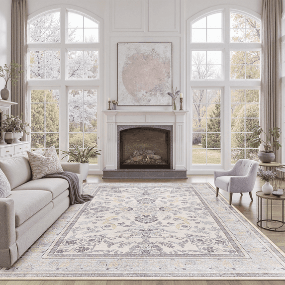 Floral 8x10 Area Rug, Machine Washable, Soft Vintage Floral Rug Non Slip Stain Resistant for Living Room, Bedroom, Dining Room -Purple