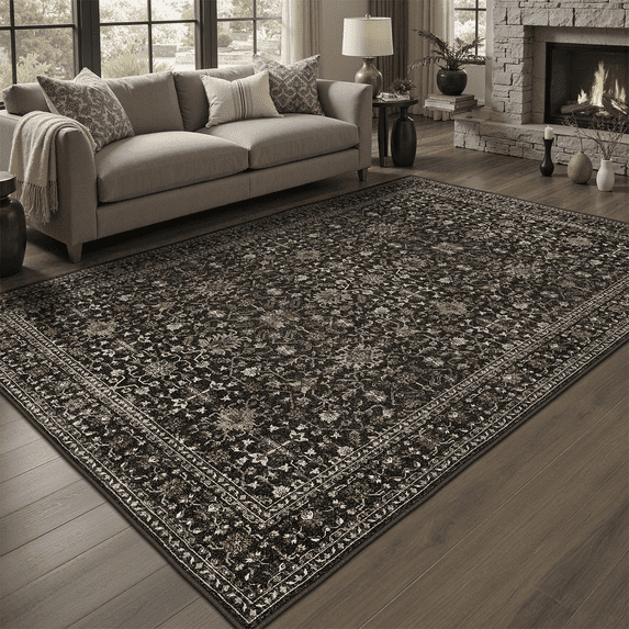 Floral 8x10 Area Rug, Machine Washable, Soft Vintage Floral Rug Non Slip Stain Resistant for Living Room, Bedroom, Dining Room -black