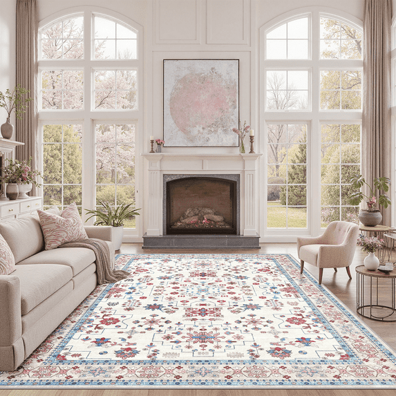 Floral 8x10 Area Rugs for Living Room, Machine Washable Large Soft Boho Non-Slip Botanical Rug for Bedroom Dinning Room Kitchen Flowers Playroom-Pink