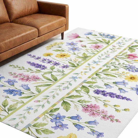 Floral 9'x12' Large Area Rugs Rustic Purple Lavender Rows Yellow Daisy Clusters Flower Washable Area Rugs Non-Slip Indoor Floor Mats for Villa Parlour, Hotel Lounge, Recreation Room