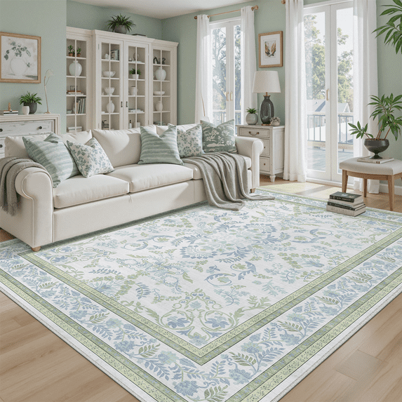 Floral 9x12 Area Rug, Machine Washable, Soft Vintage Floral Rug Non Slip Stain Resistant for Living Room, Bedroom, Dining Room -Green