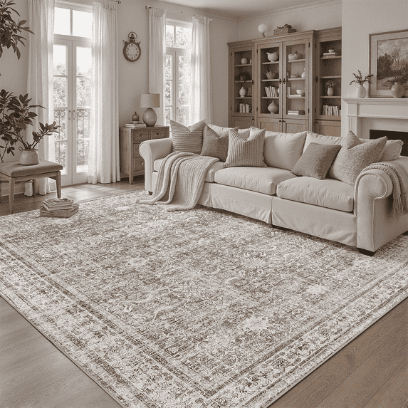 Floral 9x12 Area Rug, Machine Washable, Soft Vintage Floral Rug Non Slip Stain Resistant for Living Room, Bedroom, Dining Room -Grey