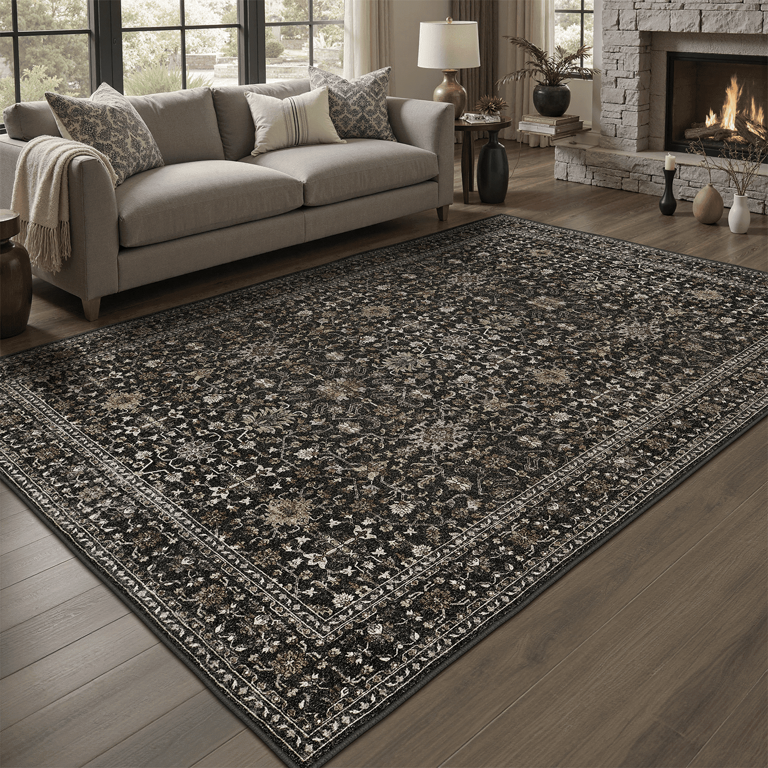 Floral 9x12 Area Rug, Machine Washable, Soft Vintage Floral Rug Non Slip Stain Resistant for Living Room -Black