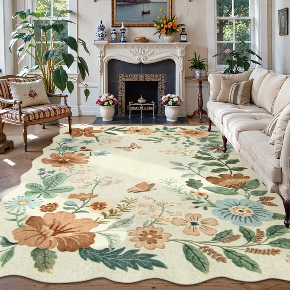 Floral 9x12 Area Rugs For Living Room Bedroom Soft Washable Stain Resistant Ultra-thin Non-slip Boho Dining Rug Accent Carpet Office Flore (9x12ft Beige)