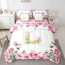 Floral A-Z Comforter Set Twin Size,Initial Letter Bedding Set Teens,Monogrammed (Comforter Fitted Flat Sheet 2 Pillowcases 2 Throw Pillow Covers) 7 Pieces Bed Set