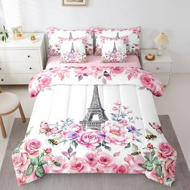 Floral A-Z Comforter Set Twin Size,Initial Letter Bedding Set Teens,Monogrammed (Comforter+Fitted+Flat Sheet+2 Pillowcases+2 Throw Pillow Covers) 7 Pieces Bed Set
