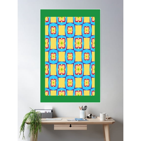Floral Abstract Blue And Yellow Checkered Pattern Poster Wall Art, Modern Wall Decor For Living Room Bedroom, 24x36 UNFRAMED