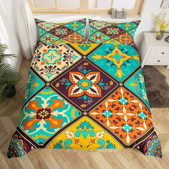 Floral Abstract Geometric King Duvet Cover Boho Exotic Bedding Set Colorful Retro Flower Comforter Cover Polyester Quilt Cover