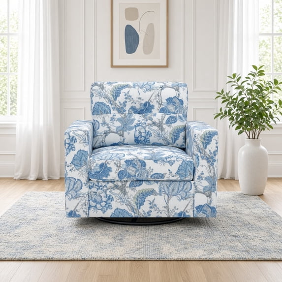 Floral Accent Chair, 360-Degree Swivel Single Sofa Chair with Point-Tufted Backrest & Square Arms, Mid-Century Modern for Living Room Bedroom Office, Blue