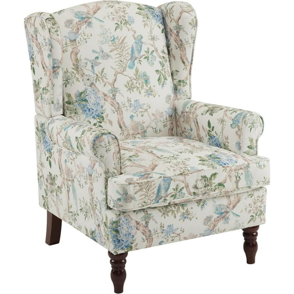 Floral Accent Chair, High Back Upholstered Armchair with Solid Legs, Leisure Single Sofa Chair for Living Room, Bedroom, Home Office, Light Blue Floral&Bird