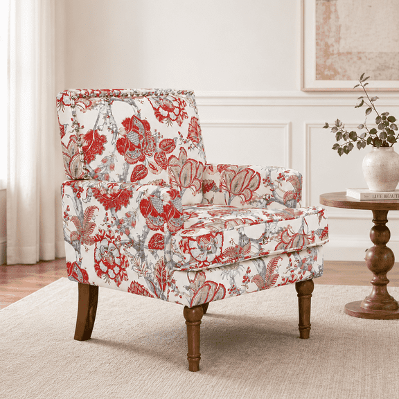 Floral Accent Chair for Living Room, Vintage Armchair with Nailhead Trim, 5" Thick Cushion Farmhouse Reading Chair for Bedroom & Small Spaces, Red Botanical
