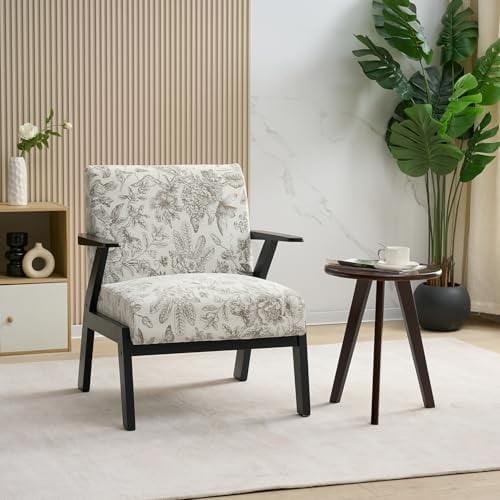 Floral Accent Chair, Mid-Century Modern Armchair, Upholstered Chair with Solid Rubber Wood Living Chair, Ergonomic Chair for Living Room, Bedroom, Reading$$Furniture