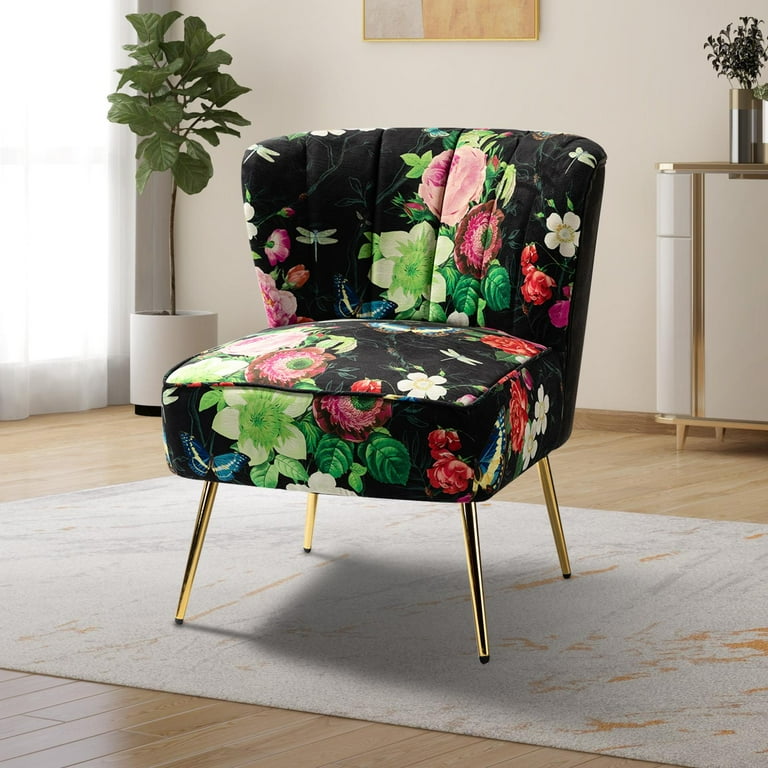 Floral Accent Chair Upholstered Wingback Sofa Tufted Back Golden