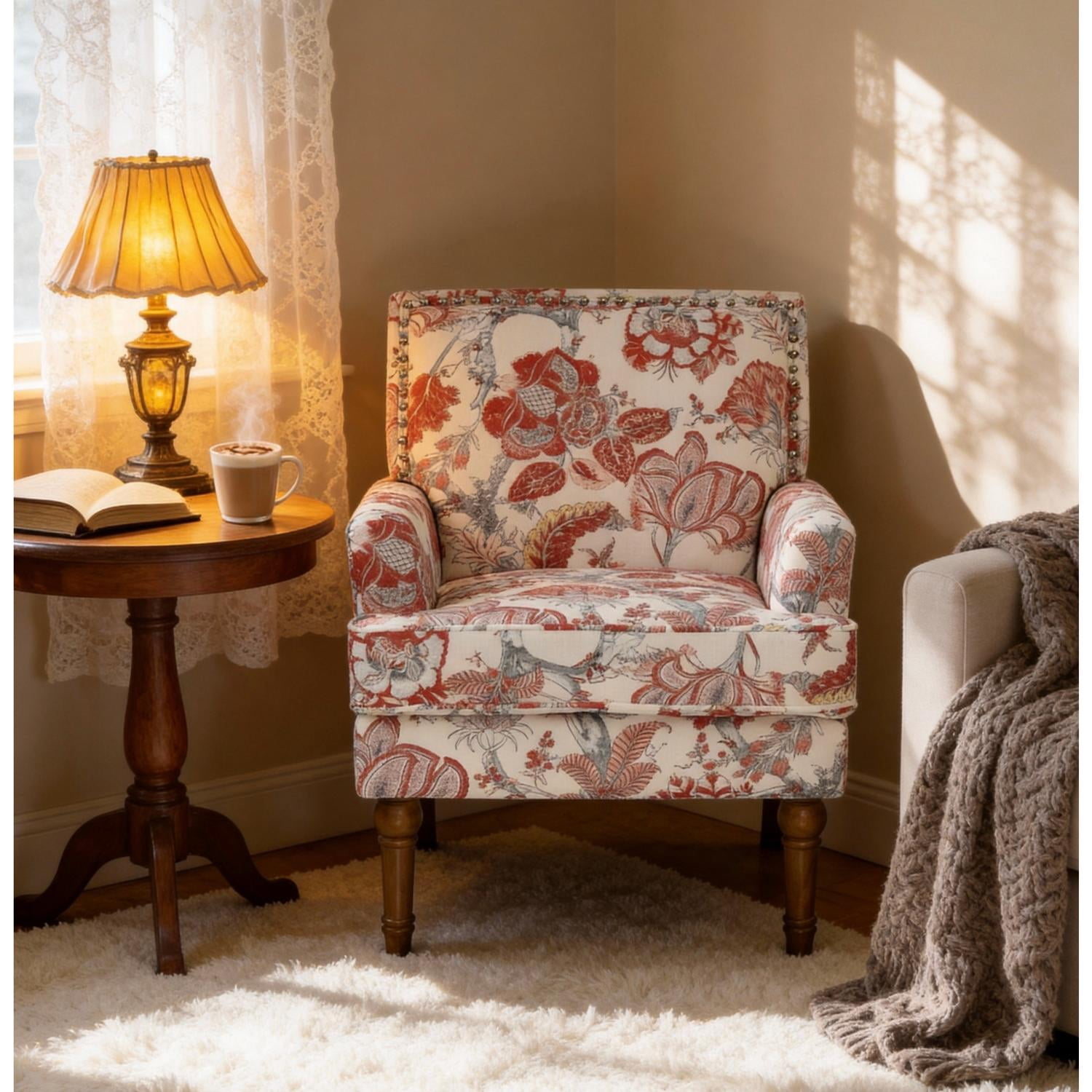 Floral Accent Chair with Nailhead Trim, Red and White Upholstered Armchair with Solid Wood Legs, Farmhouse Slipper Chair for Living Room, Red