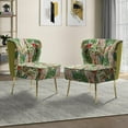 thumbnail image 1 of Floral Accent Slipper Chair Set of 2 Upholstered Dining Chairs Armless Sofa Golden Legs Home Living Room Bedroom Parrot Forest Pattern Green, 1 of 10
