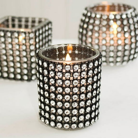 Floral Accessories Diamond Mesh Votive Wrap Elastic Wedding Bling 6 in diameter Black 2 Pack