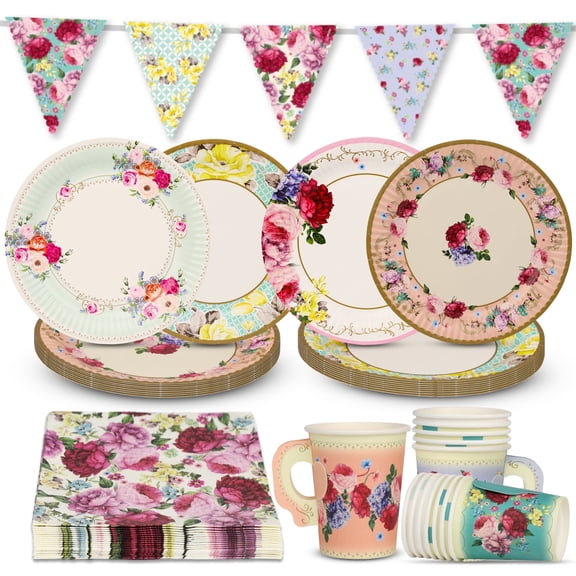 Floral Afternoon Tea Party Decorations for 16 Guests Disposable Tableware Set Pretty Paper Plates Napkins, Teacups, Bunting for Birthday, Mother's Day, Baby Shower, Made by Talking Tables