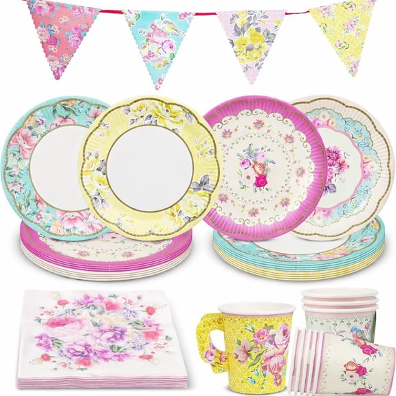 Floral Afternoon Tea Party Decorations for 16 Guests Disposable Tableware Set Pretty Paper Plates Napkins, Teacups, Bunting Tablecloth for Birthday, Mother's Day, Baby Shower, Made by Talking Tables