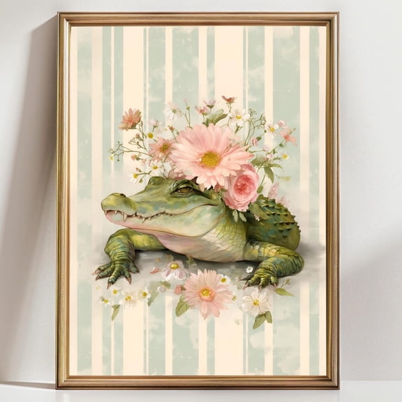 Floral Alligator Art Whimsical Crocodile Wall Decor Cute Gator Cottagecore Nursery Art Home Decor Office Wall Art