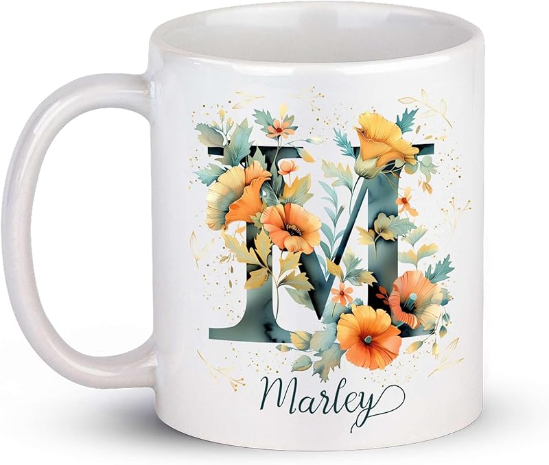 Floral Alphabet Coffee Mugs, Customized Aqua Letter D With Flower Cup ...