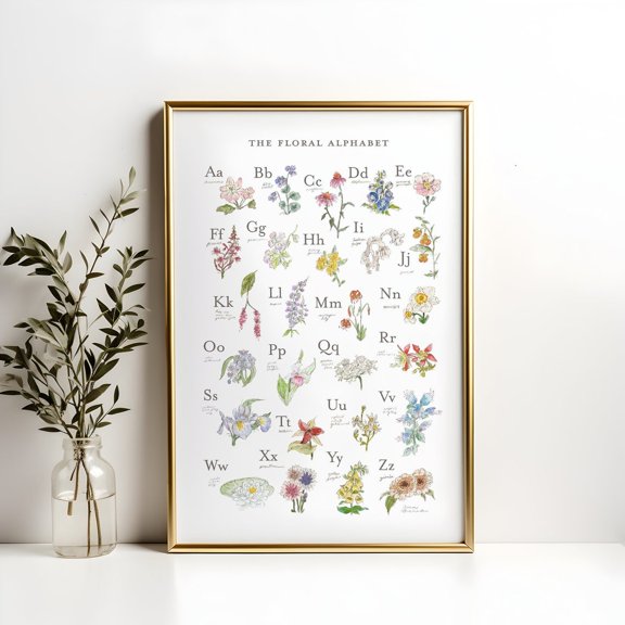 Floral Alphabet Flower Wall Art Print, Unframed Paper Poster 8x10in