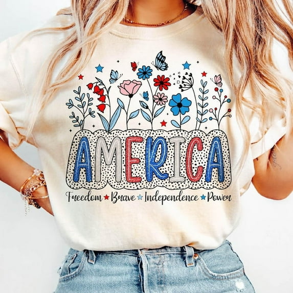 Floral America Shirt, Floral Brushstroke USA T-Shirt, Retro America Shirt, 4th Of July Shirt, Sublimation 4th Of July Design, Patriotic Shirt, Girly Shirt