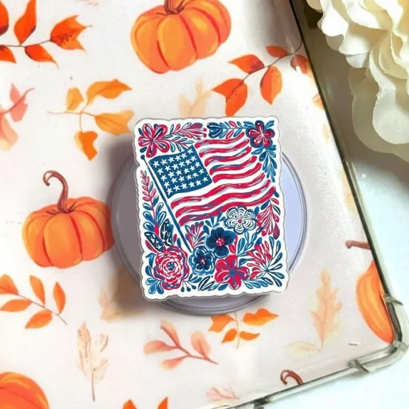 Floral American Flag Magnetic Phone Grip, Patriotic 4th of July Boho Flowers, Red White and Blue Magsafe Kickstand