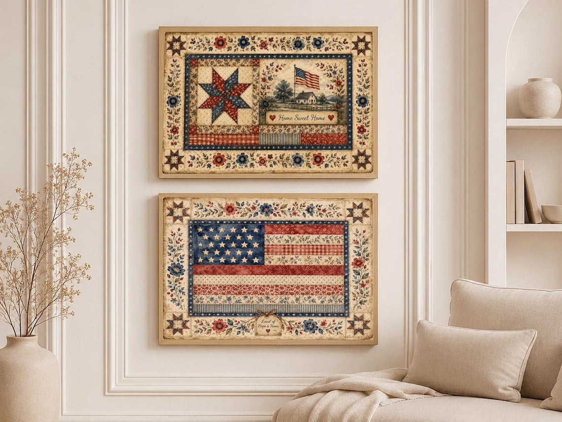 Floral American Flag Set Of 2 Wall Art Print With Rustic Americana And ...