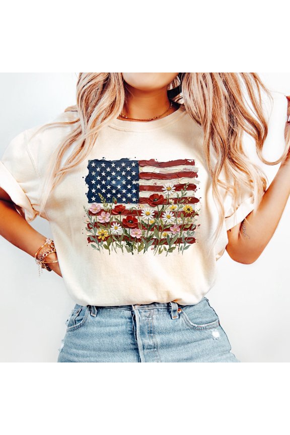 Floral American Flag Shirt Boho Patriotic Tee Everyday Americana TShirt Wildflower USA Fla