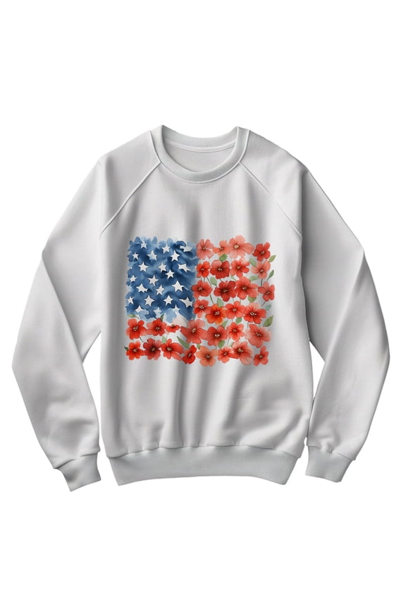 Floral American Flag Sweatshirt for Women - USA Patriotic Stars & Stripes Pullover Top - 4th of July Red White Blue Cozy Graphic Shirt