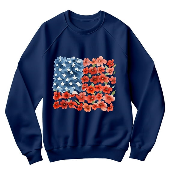 Floral American Flag Sweatshirt for Women - USA Patriotic Stars & Stripes Pullover Top - 4th of July Red White Blue Cozy Graphic Shirt