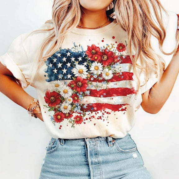 Floral American Flag T-shirt, 4th of July Shirt, America Shirt, Patriotic Tee, Coquette 4th Of July Shirt, Retro 4th of July TH120617