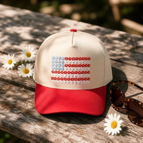 Floral American Flag Trucker Hat, Embroidered Patriotic Mesh Snapback Cap Breathable Adjustable Baseball Hat With Structured Crown And Curved Brim, for July 4th Outdoor Travel Camping Daily Wear