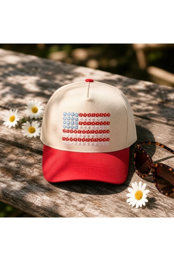Floral American Flag Trucker Hat, Embroidered Patriotic Mesh Snapback Cap Breathable Adjustable Baseball Hat With Structured Crown And Curved Brim, for July 4th Outdoor Travel Camping Daily Wear
