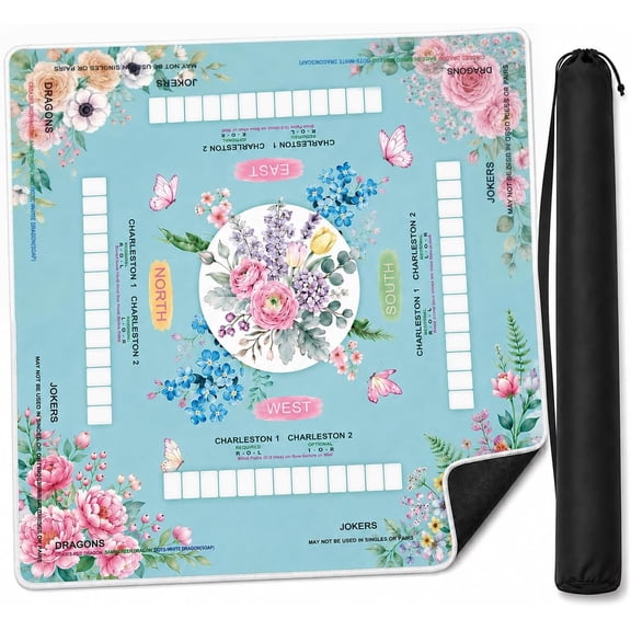 Floral American Mahjong Mat with Printed Rules, Roll-Up Table Cover | Mah