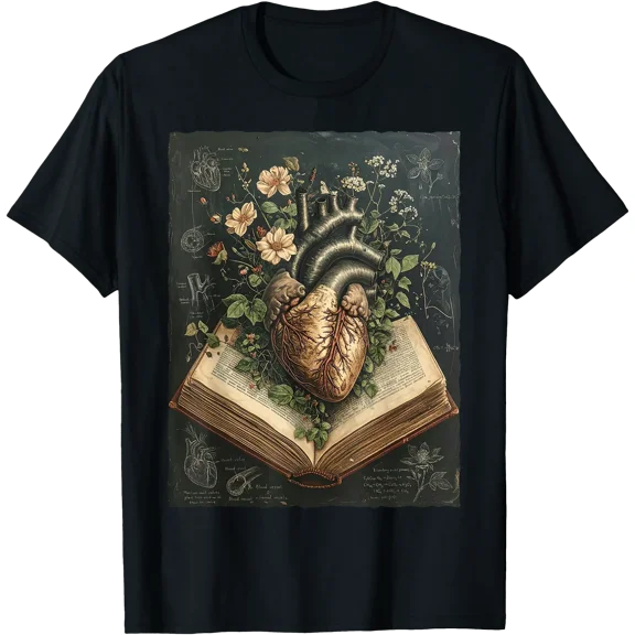 Floral Anatomical Heart Vintage Book Dark Academia Nurse T-Shirt