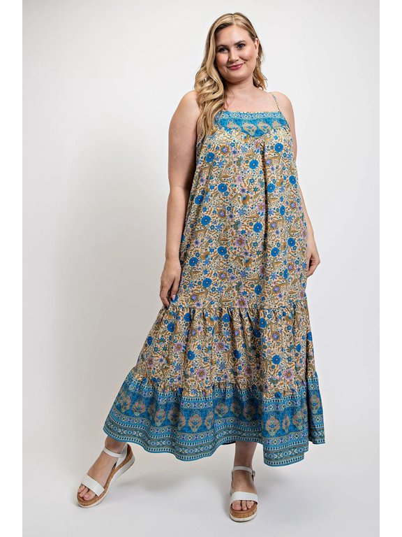 Floral And Aztec Print Drop Down Maxi Dress With Spaghetti Strap