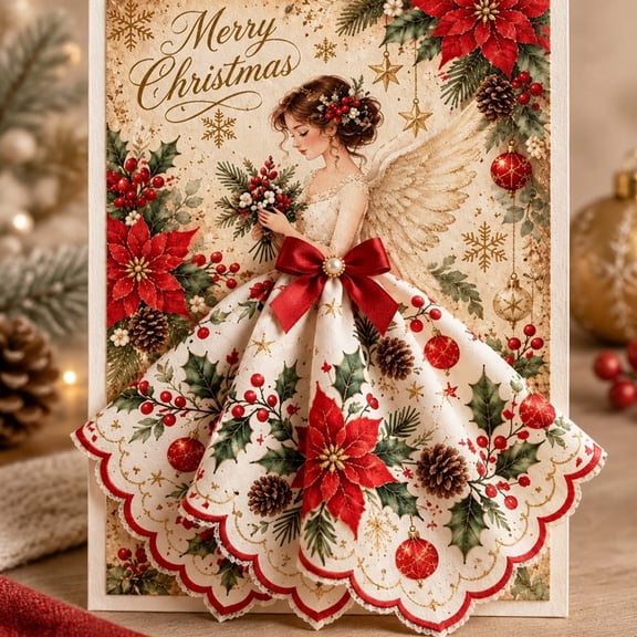 Floral Angel Greeting, Dimensional Christmas Keepsake Card, Red Blossoms and Green Foliage across a Paper Skirt, Folded Dress Construction for Personal Notes and Gift Accompaniments