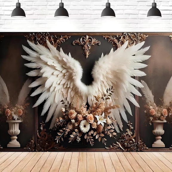 Floral Angel Wings Backdrop Black and Gold Wall White Angel Wings Photography Backdrops Luxury Feather Bohemia Birthday Wedding Baby Shower Party Decorations Banner Photo Booth Props