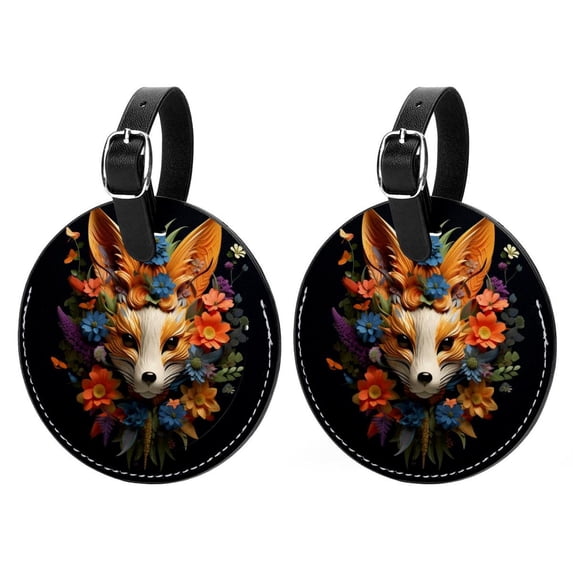 Floral Animal 2pcs PU Leather Round Bag Tags with Privacy Cover and Name ID Tag - Suitcase Tags for Travel Luggage, Handbags, Backpacks, School Bags