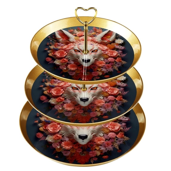 Floral Animal Elegant Plastic Dessert Table Display Stand with Iron Pillars - 32cm Height, 21cm/24cm/27cm Plates